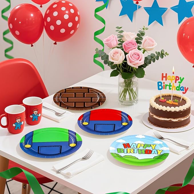 60Pcs Super Theme Brother Birthday Paper Plates 9" Heavy Duty Disposable Bros Theme Dessert Platters Cartoon Video Games Party Decorations Favors for Boys Kids Baby Shower Bro Birthday Party Supplies