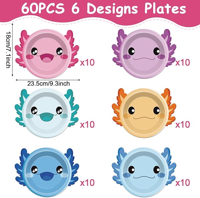 60Pcs Axolotl Shaped Birthday Party Decorations Reptile Animals 7 Inch Dessert Plates Tableware Cartoon Axolotl Dinner Paper Plates Dinnerware for Kids Boys Girls Party Baby Shower Supplies Favors