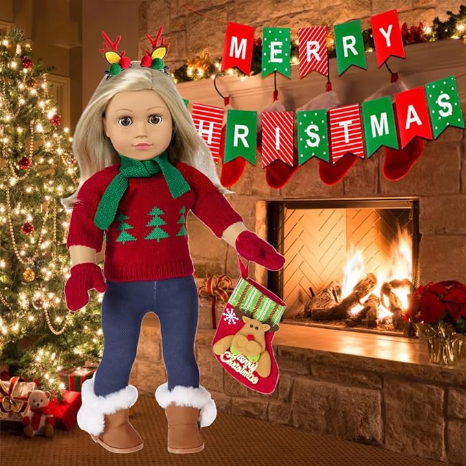 Ebuddy Doll Clothes & Accessories - Christmas Santa Costume Set for 17 & 18 Inch Dolls, Including Xmas Tree Sweater Set