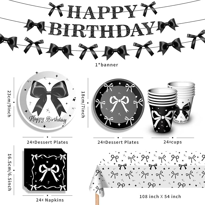 Black Bow Birthday Party Supplies Girl Coquette Birthday Party Decorations Includes Black Bow Plates Napkins Cups Tablecloth Banner for Bow Theme Party Decorations, Serve 24