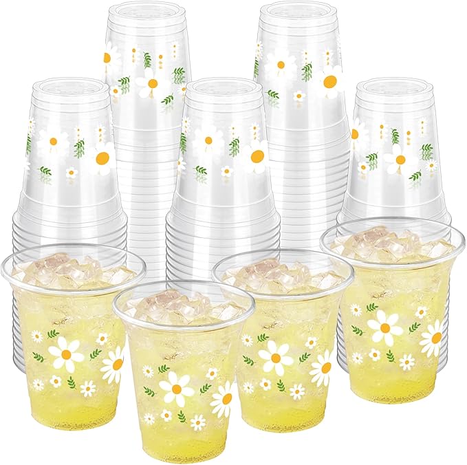 100 Pcs Daisy Plastic Disposable Party Cups, 12 oz, Retro Boho Hippie Groovy Daisy Flower Designs for Spring Birthday Party, Baby Shower, Anniversary, Daily Use