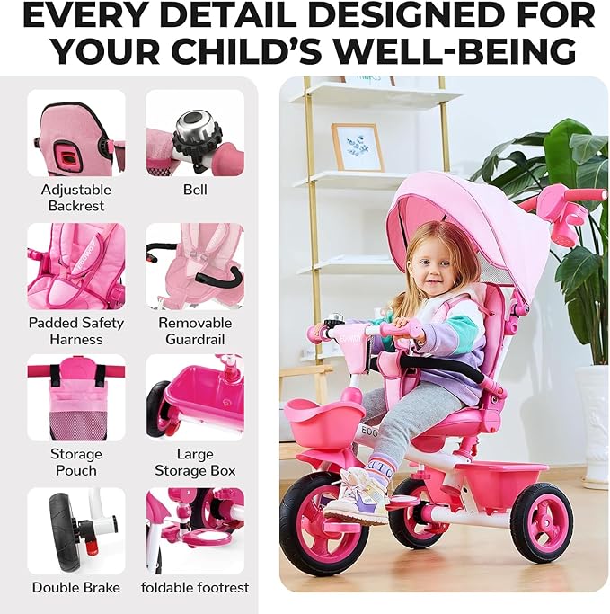 Toddler Tricycle with Push Handle, 7 in 1 Stroller Trike with 360° Swivel Seat, Reclining Backrest, All-Terrain Wheels, Dual Brakes, Canopy & Storage, Gift for Kids 18 Months to 5 Years, Pink