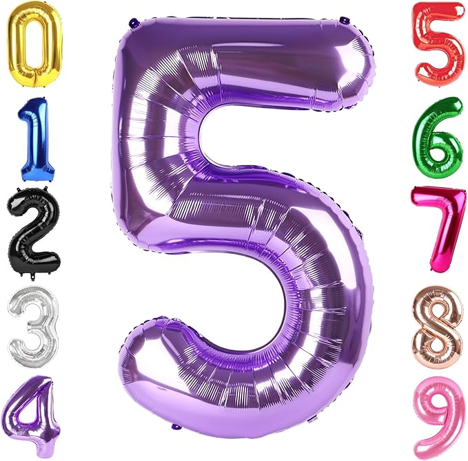 40 Inch Purple Number 5 Balloon, Giant 5 Number Balloons for 5th Birthday Decorations, Party Supplies for Baby Boy Girl, Purple Party Decor