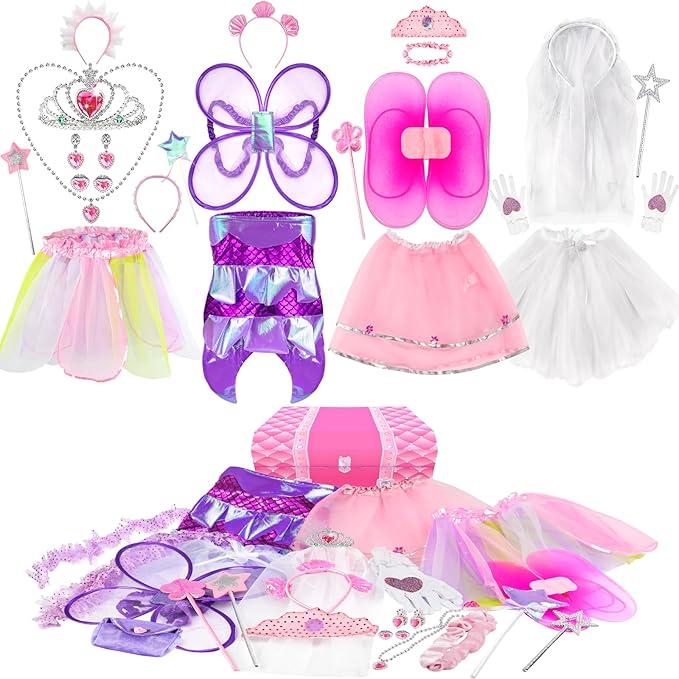 Jeowoqao Girls Dress Up Costume Set, Fairy and Mermaid Role Play Dress-up Trunk with Accessories 25pcs Little Girls Pretend Play Costume for Kids Age from 2-5