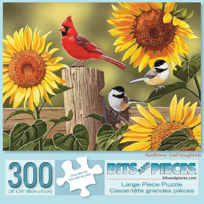 Bits and Pieces Sunflower and Songbirds Jigsaw Puzzle by William Vanderdasson - 300 (18"x24") - Colorful Garden Birds for Adults (300 Piece Puzzle)