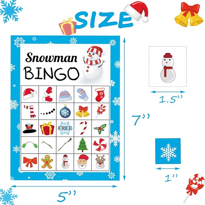 Christmas Bingo Game for Kids Adults, Snowman Bingo Cards 24 Players Winter Holiday Games Activities Christmas Crafts for Kids Family Large Group Party Favors Supplies Toys Gifts