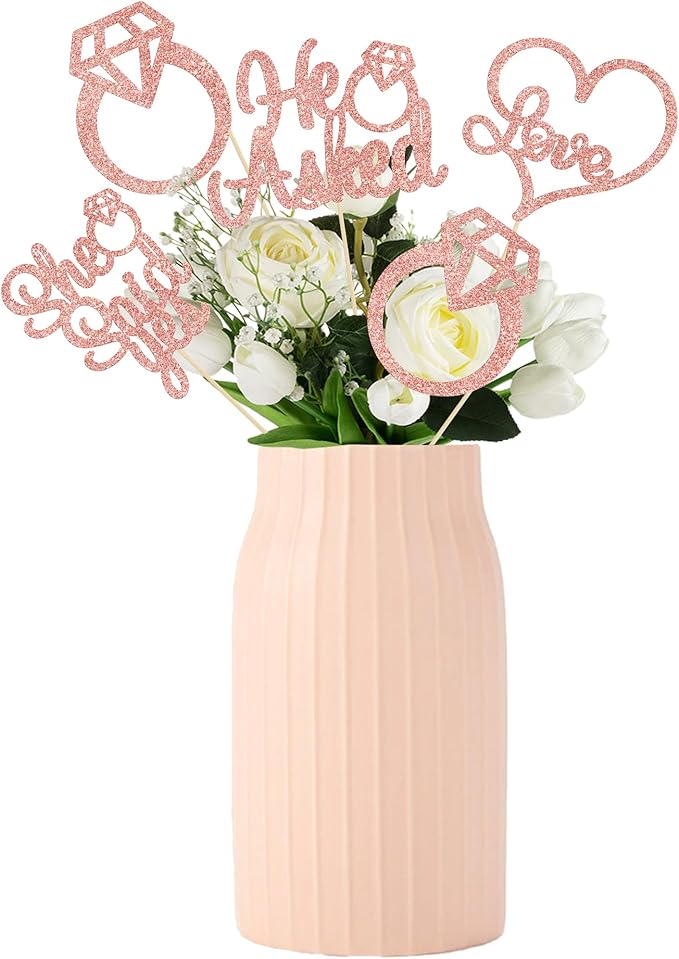 Gyufise 12Pcs Engagement Centerpiece Sticks Double Sided He Asked She Said Yes Diamond Ring Heart Table Centerpiece Sticks for Wedding Bridal Shower Party Supplies Rose Gold