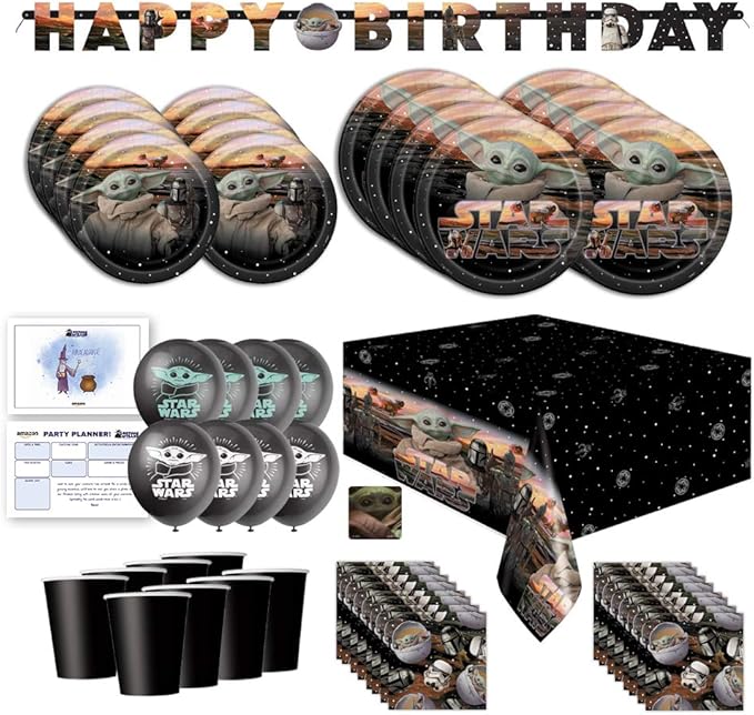 Baby Yoda Mandalorian The Child Themed Happy Birthday Party Supplies for Kids, Serves 16, Decor and Dinnerware with Balloons, Banner, Table Cover, Party Planner, Cups, Plates, Napkins, Sticker and