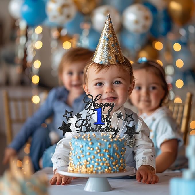 Happy 1st Birthday Cake Topper, One Cake Topper 1st Birthday Boy, Black Blue Glitter Cake Decoration, First Birthday Cake Topper, 1 Years Old Baby Birthday Party Cake Decor Supplies