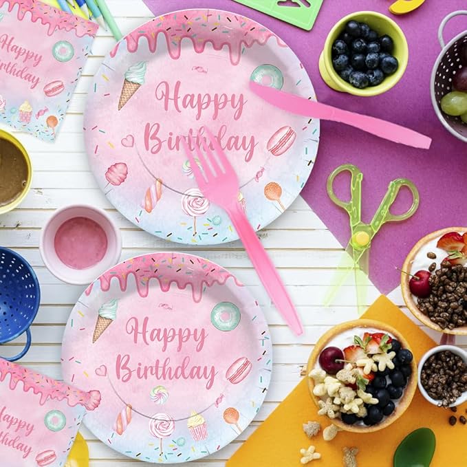 Lofaris Sweet Sassy and Six Birthday Party Supplies Serves 24 - 192Pcs Donut Tableware Set - Candy Dessert Theme Decorations Plates Napkins Cups for Girls