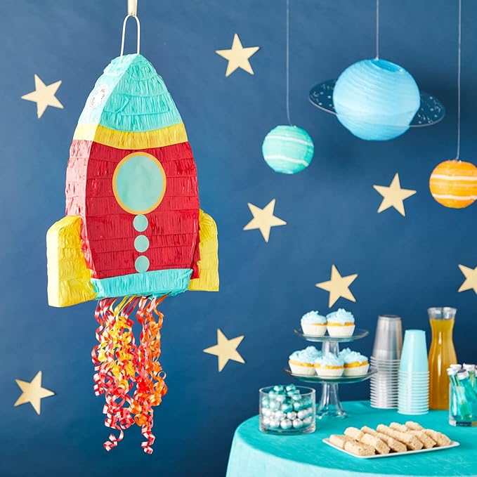 BLUE PANDA Rocket Ship Pull String Pinata for Space Birthday Decorations, Party Supplies & Outer Space Party Decor - 16.5 x 12.5 x 3 In, Red