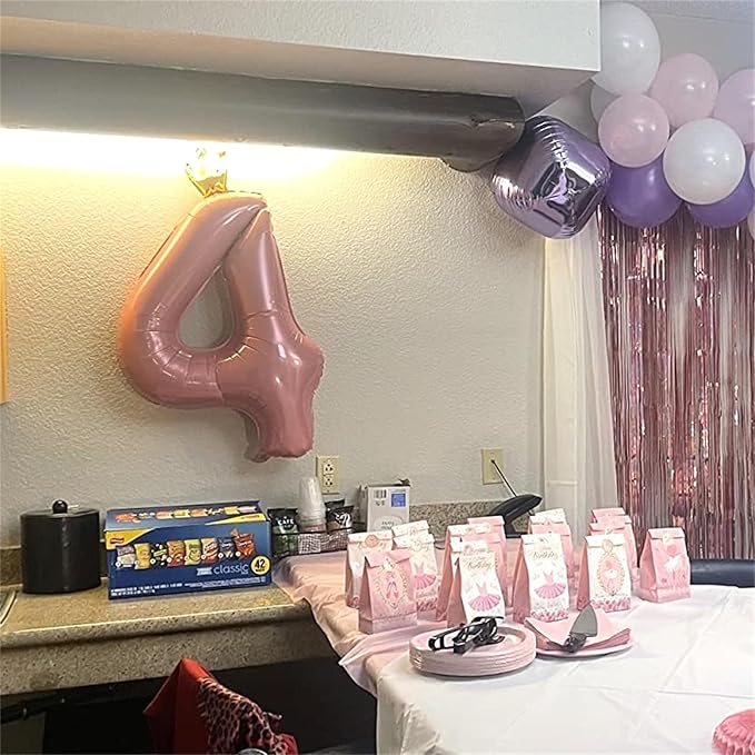 Crown Number Balloons 4 for Kids, Large Pastel Pink Number Balloon 0-9 Set, Foil Self Inflating 40 Inch Balloons for Girls 4th Birthday Party Decor Anniversary New Year Party Decoration Supplies