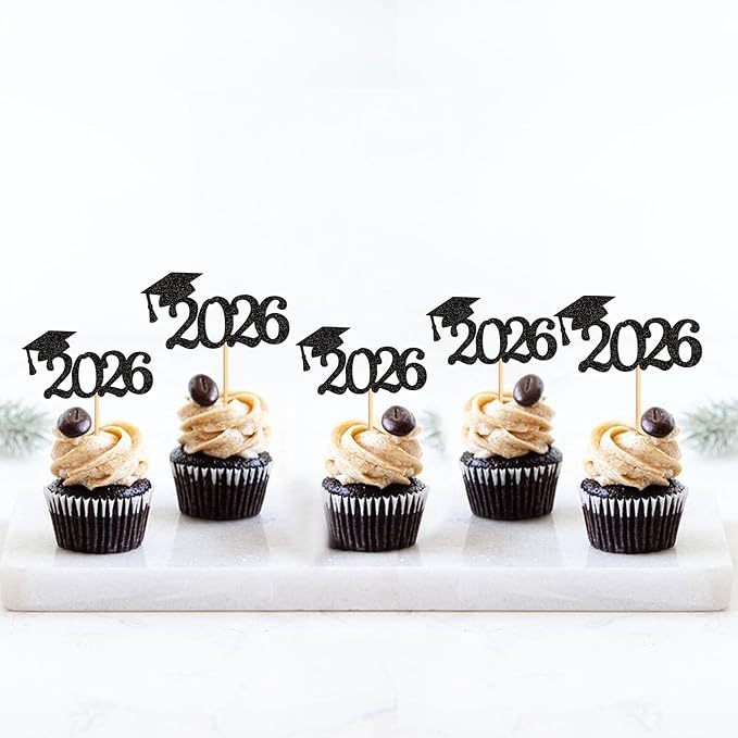 24Pcs graduation cupcake toppers 2026, Food/Appetizer Picks For Graduation Party Mini Cake Decorations, 2026 Cupcake Toppers(Black)