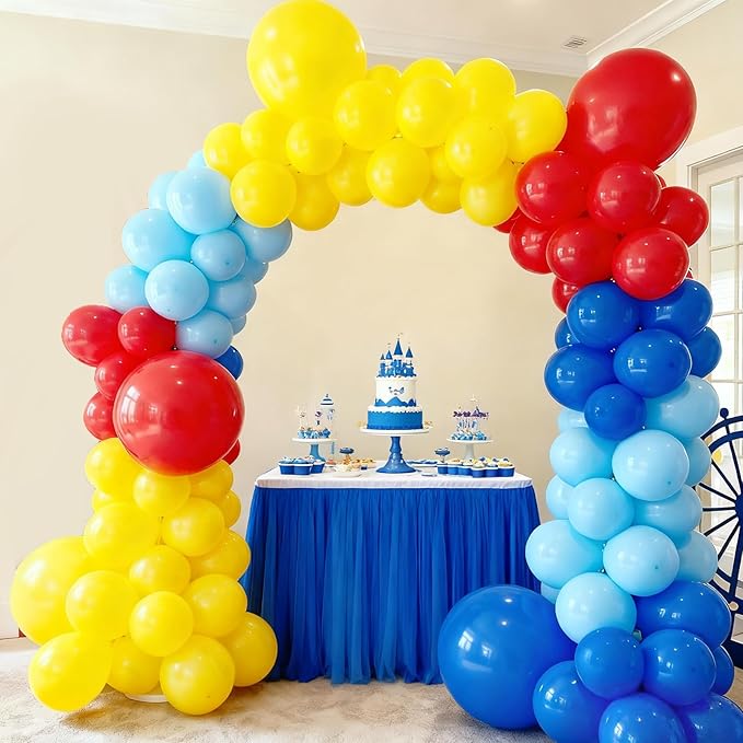 RUBFAC Carnival Circus Balloon Garland Arch Kit, 120pcs Red Blue Yellow Primary Color Balloons Rainbow Multicolor Confetti and Star Foil Balloons for Birthday Party Carnival Theme Decorations