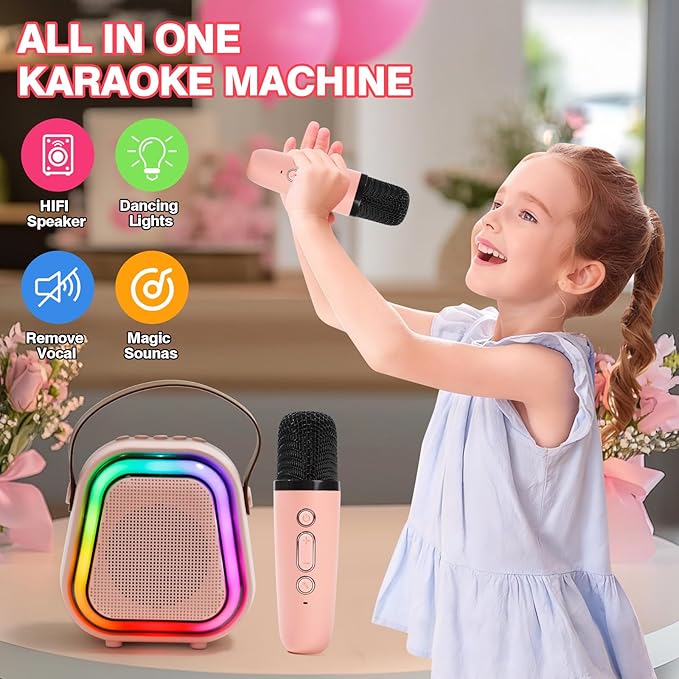 Mini Karaoke Machine for Kids, Karaoke Speaker with LED Lights, Portable Bluetooth Entertainment System with 2 Microphones, Dynamic Color-Changing Effects for Kids (Pink+2 Mic)