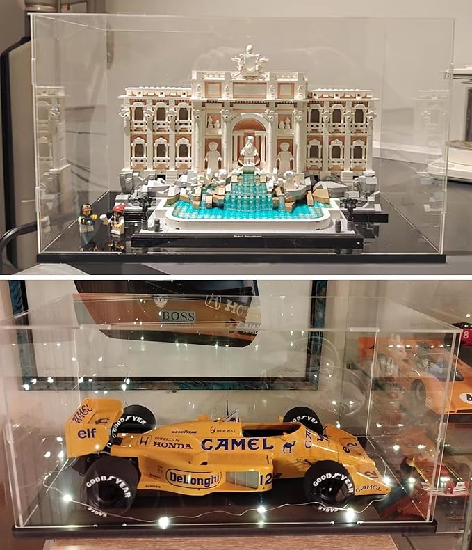 Thickened Clear Acrylic Display Case for LEGO 21062 Trevi Fountain for 42179 Planet Earth and Moon in Orbit 72037 42691 Collectibles, Transparent Box Dustproof with Light, Black Inside 15.7x7.9x11.8in
