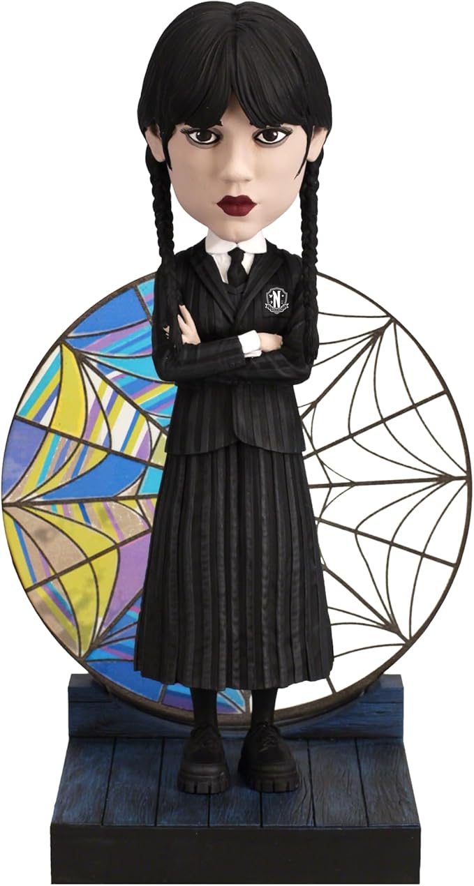Royal Bobbles Wednesday Addams with Nevermore Academy Stained Glass Window – 6.75 Inches Tall – Collectible Bobblehead Statue