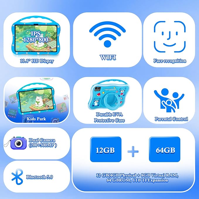 Kids Tablet, 10.1 inch Tablet for Kids, Educational Learning Toddler Tablet Android 14, 12GB RAM+64GB ROM Storage, 5G WiFi for Baby Girl boy Gift 3-10(Blue)