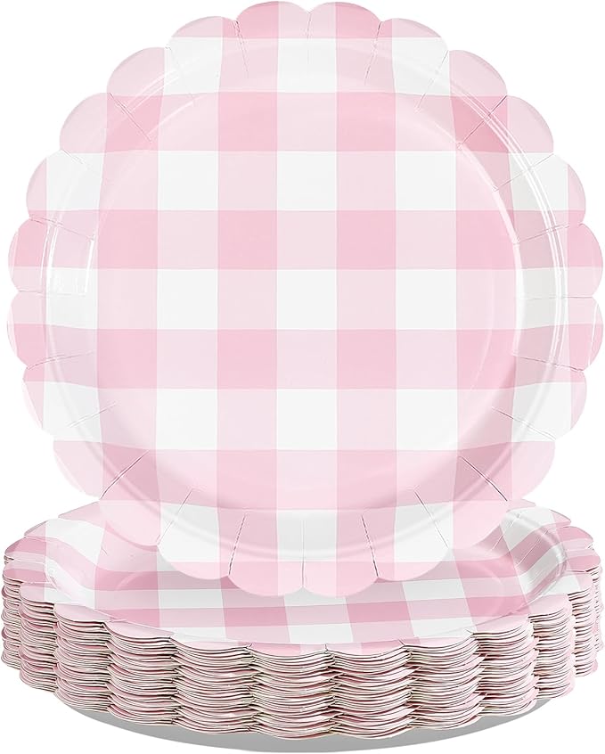 50Pcs Pink Gingham Paper Plates 9Inch Heavy Duty Pink White Scalloped Plaid Disposable Dessert Plates Checkered Party Decorations for Kids Baby Shower BBQ Birthday Bride Wedding Party Supplies
