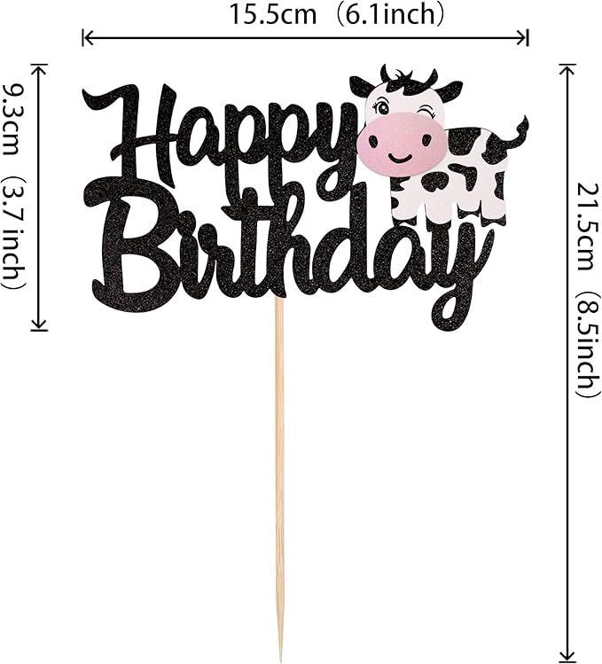 1 PCS Cow Happy Birthday Cake Topper Glitter Farm Animals Birthday Cow Cake Pick Decorations for Cow Theme Baby Shower Kids Boys Girls 1st Birthday Party Cake Decorations Supplies
