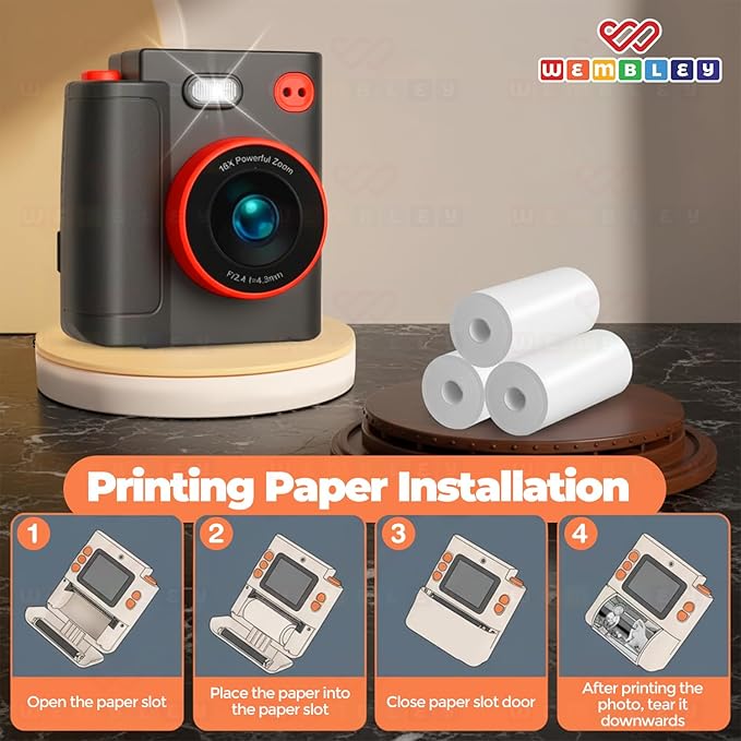 Wembley Kids Camera Instant Print | Birthday Gift Toys for Boys & Girls 3–10 Years | Unicorn Digital Dual Lens Toddler Camera Thermal Printer | 48MP 1080P Selfie & Video | 16X Zoom 32GB SD Card -Black