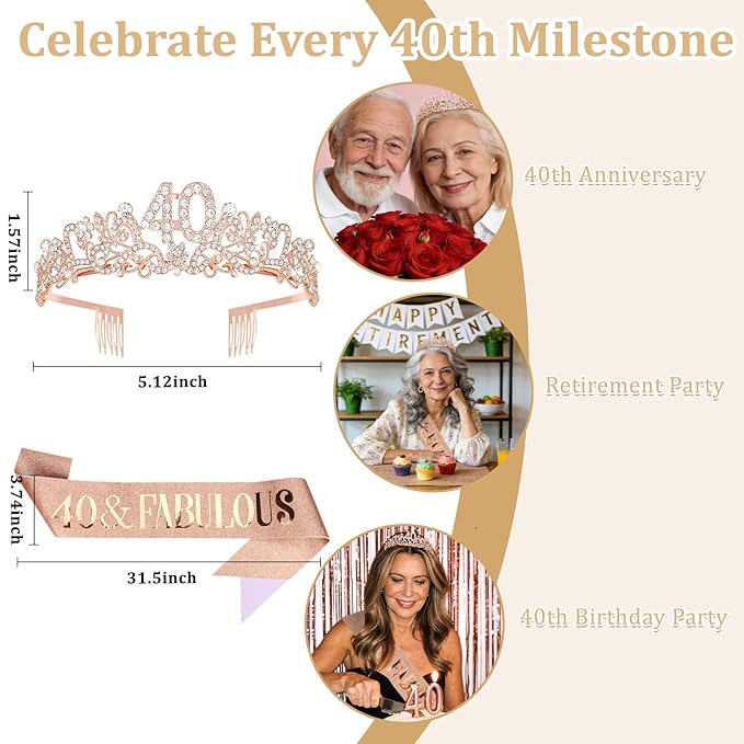 Semato 40th Birthday Decorations for Women Sash and Crown Tiara Kit Rose Gold 40th Birthday Gifts Her Party Supplies