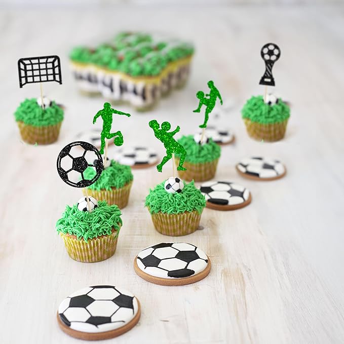 24Pcs Soccer Cupcake Toppers Glitter Soccer Ball Cupcake Picks Sport Cake Decorations Football Theme Birthday Party Baby Shower Kids Boys Men Birthday Party Favors Supplies Green