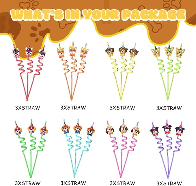 Lidmada 24 Dog Birthday Decorations Straws，Puppy Theme Birthday Party Favors Supplies, Goodie Bags, Classroom Gifts Rewards Pinata Toys