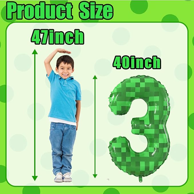 40 Inch Green Pixel Miner Theme Number Balloons Large Birthday Party Number Balloons Mining Gaming for Kids Birthday Party Decoration Supplies (Number 3)
