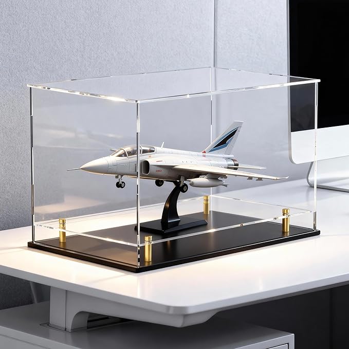 Acrylic Display Case for Collectibles, Dustproof Acrylic Box with Clear Display Elevation & Gold Risers, Large Display Case for Figures Toys Memorabilia, 12" L x 8" W x 9.6" H