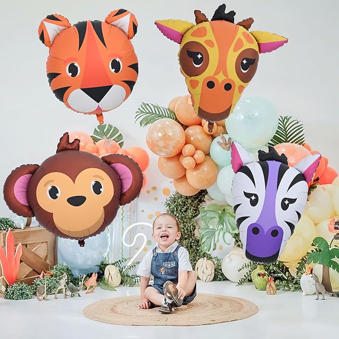 4pcs Large Jungle Safari Animal Balloons (23–34 In), Tiger Giraffe Zebra Monkey Head Foil Balloons for Kid Boys Jungle Safari Theme Birthday Party Wild One Zoo Woodland Baby Shower Party Decorations