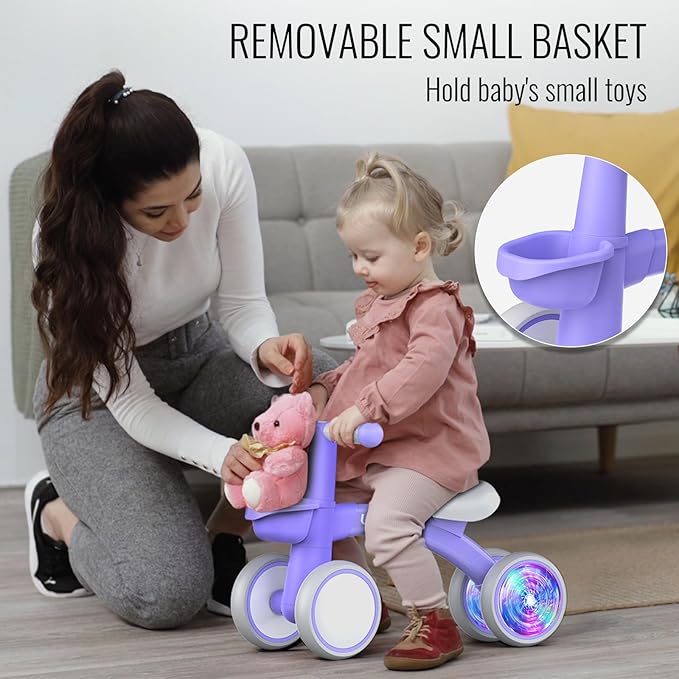 Umatoll Colorful Lighting Baby Balance Bike for 1 Year Old Boys Girls, 12-24 Months Toddler Bike with Basket, Adjustable Seat, First Birthday Gift (Purple)