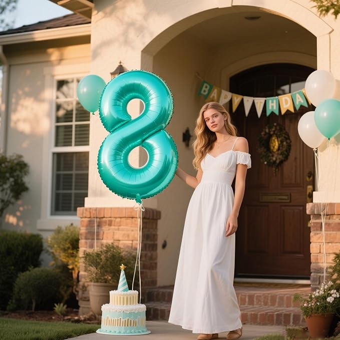 40 Inch Giant Teal Blue Foil Number 8th 18th 28th Birthday Balloons Teal Digit 8 Balloons for Men Women 80th Anniversary Party Decorations Supplies