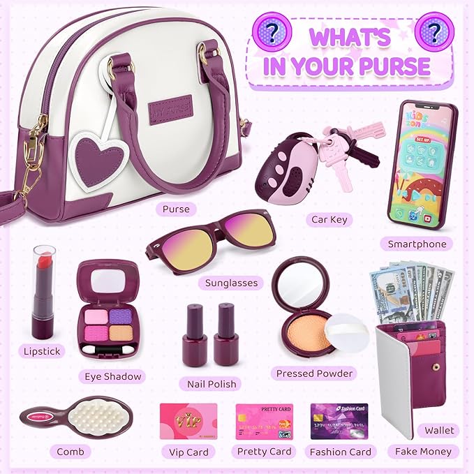 INNOCHEER Little Girls Purse, Kids Toy Purse with Pretend Makeup, Play Purse for Little Girls, Pretend Play Toddler Purse, Birthday Christmas Princess Gifts Toys for Girls 3 4 5 6 7 8 Year Old