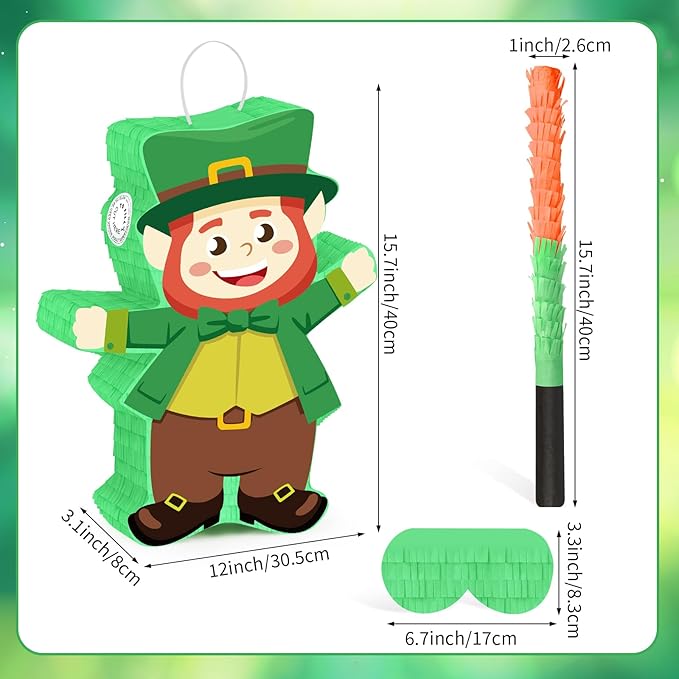 Hooqict St Patricks Day Pinata St. Patrick's Kids Party Games Green Leprechaun Pinata with Blindfold and Bat Stick for Boys Girls Happy St.Patrick's Day Decorations Birthday Party Supplies