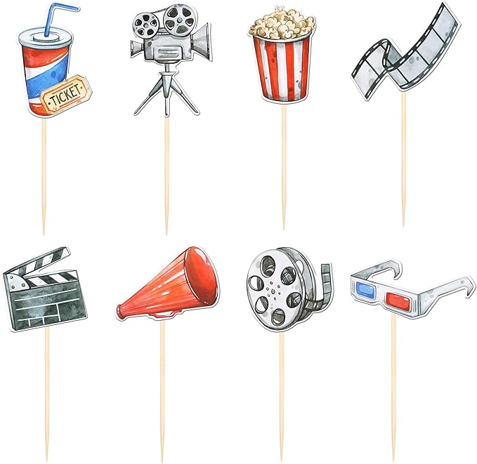 40 PCS Double Sided Movie Night Roll Glasses Camera Popcorn Cupcake Picks Projector Hollywood Cake Decorations for Kids Birthday Party Decro Supplies