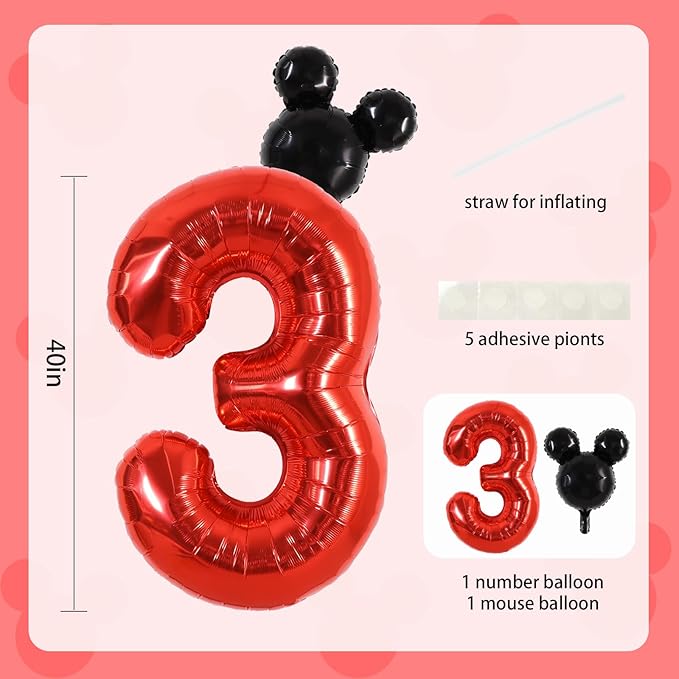 Vuzvuv 40 Inch Mouse Number Balloon No.3, Black Mouse Head Balloon and Red Giant Giant Number Three Balloon for Birthday, Mouse Theme Party Supplies, Baby Shower,Anniversary Decoration
