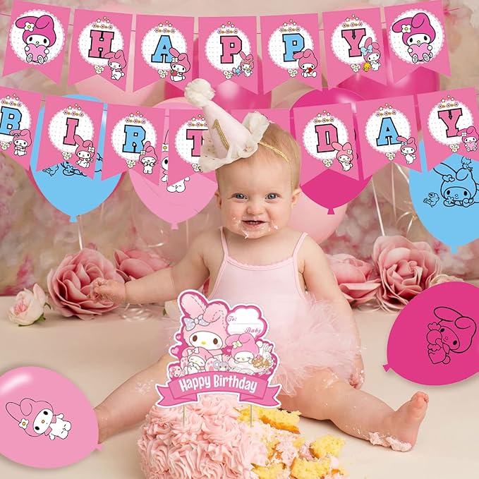 My Melody Party Decorations - Birthday Party Supplies Includes Banner, Cake Topper, 12 Cupcake Toppers, 18 Balloons, 50 My Melody Stickers