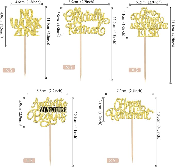 30 PCS Happy Retirement Cupcake Toppers Officially Retired Cupcake Picks No Work Zone Adventure Begins Cake Decorations for Retirement Theme Farewell Birthday Party Supplies Gold