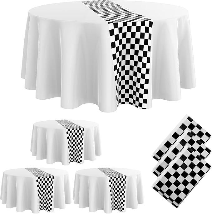 Oudain 3 Pcs Cars Birthday Party Supplies Racing Party Decorations Round Racing Tablecloth Checkered Flag Table Covers Road Plastic Table Cloth, 1950s Disco Dancing Party Tablecloth (White)