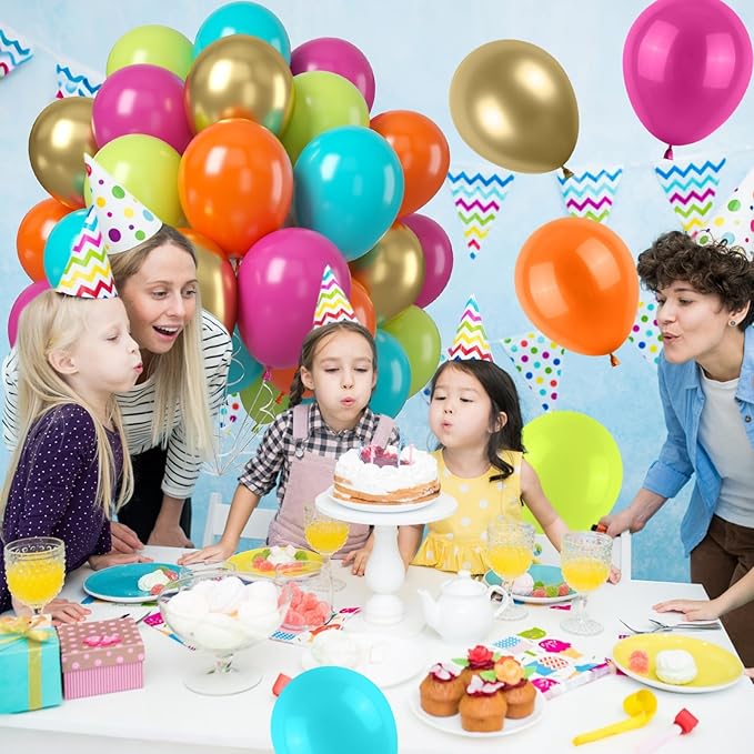 Tropical Balloons, 50 PCS 12Inch Balloon Rainbow Balloons Hot Pink Orange Teal Green Metallic Gold Colorful Balloon for Baby Shower Summer Birthday Tropical Pool Party Decorations