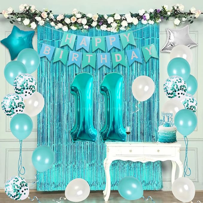 11th Birthday Decorations for Girls Teal - Happy 11th Birthday Decorations Eleventh Cake Topper Teal Fringe Curtain Turquoise Banner Number 11 Foil Balloon, 11 Year Old Girl Party Decor