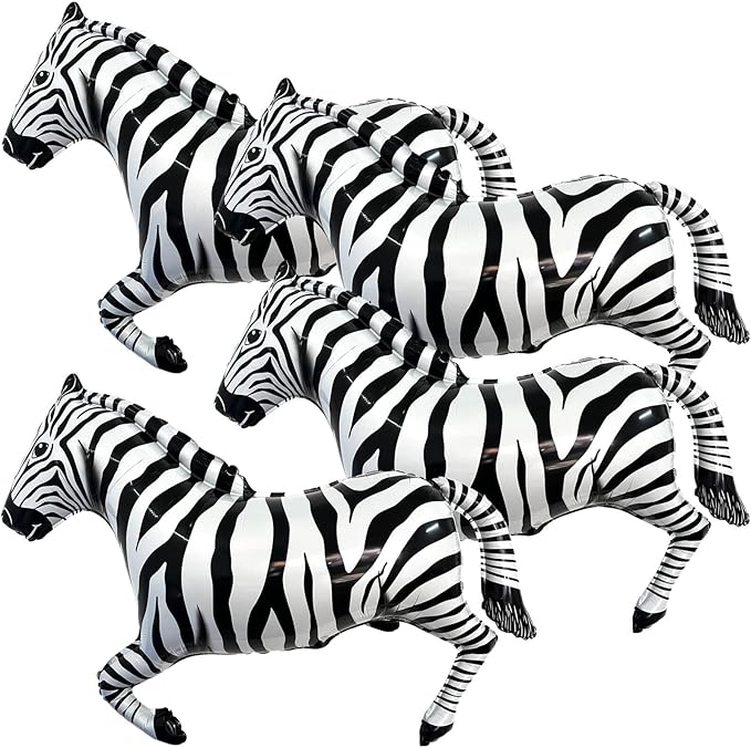 Big 40 Inch Zebra Balloons - Helium Filled, Shaped for Jungle Safari Themed Kids Birthday Party (Pack of 4)