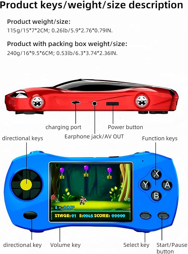 3-inch Racing Car Appearance Video Game Console Built-in 250 64bit Games AV-Out Students/Adults Handheld Toys Kid's Birthday Home/Outdoor/Travel Entertainment