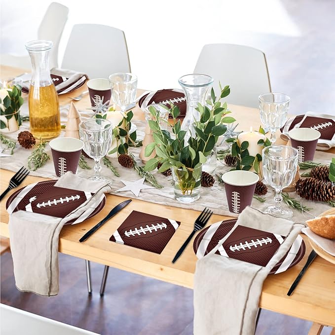 144Pcs Football Party Supplies Football Plates and Napkins Tableware Set Include Paper Plates Napkins Cups Forks for Rugby Game Touchdown Tailgate Party Decorations Serve 24 Guests