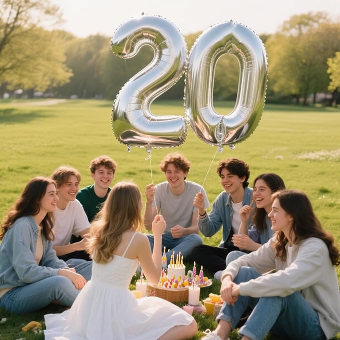 40 Inch Silver Number 20 Digital Balloon,Jumbo Mylar Foil Helium Balloon for 20 Balloons for Birthday Party,Wedding Anniversary Party Decorations