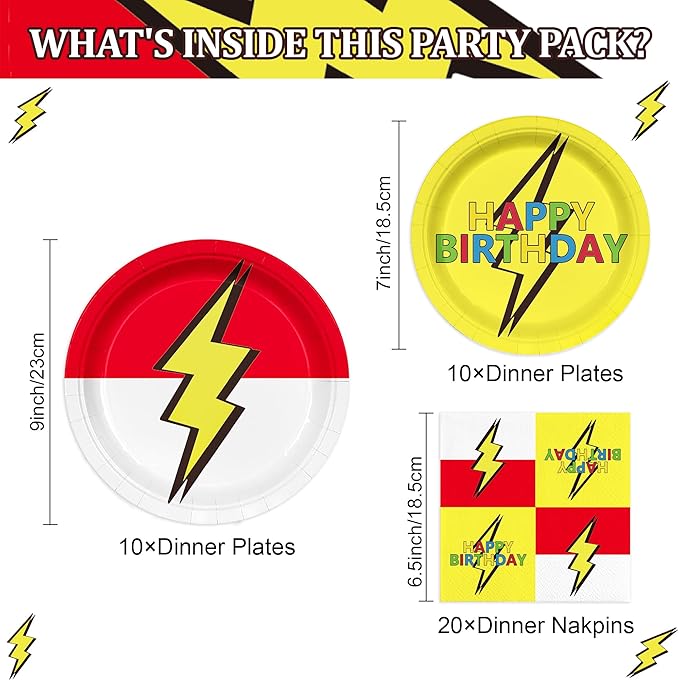 40PCS Red Yellow Birthday Party Plates and Napkins for Kids Cartoon Game Themed First Birthday Party Decorations Lightning Paper Plates Cartoon Animated Supplies Tableware Set 20 Guests