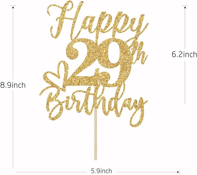 Gold Glitter Happy Birthday Cake Topper, Funny Party Supplies (29th Birthday, Gold Glitter)