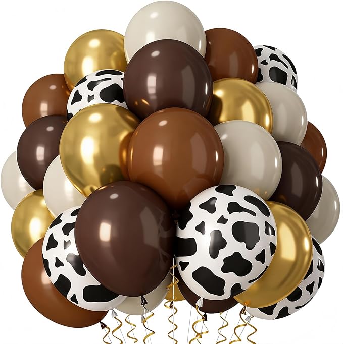 Cow Brown Balloons, 60Pcs 12 Inch Cow Print Coffee White Metallic Gold Latex Balloon, Tan Nude Neutral Beige Helium Balloons for Farm Western Theme Cowboys Cowgirls Birthdays Baby Shower Party Decor