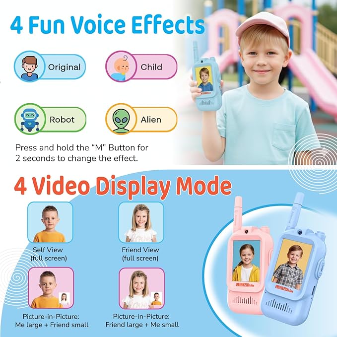 LEENK Video Walkie Talkies for Kids 2 Pack – Rechargeable Video Intercom Handheld, Indoor & Outdoor Range, Easy Use for Ages 3-12, Eco ABS, Clear Voice & Long Distance Communication (Blue & Pink)